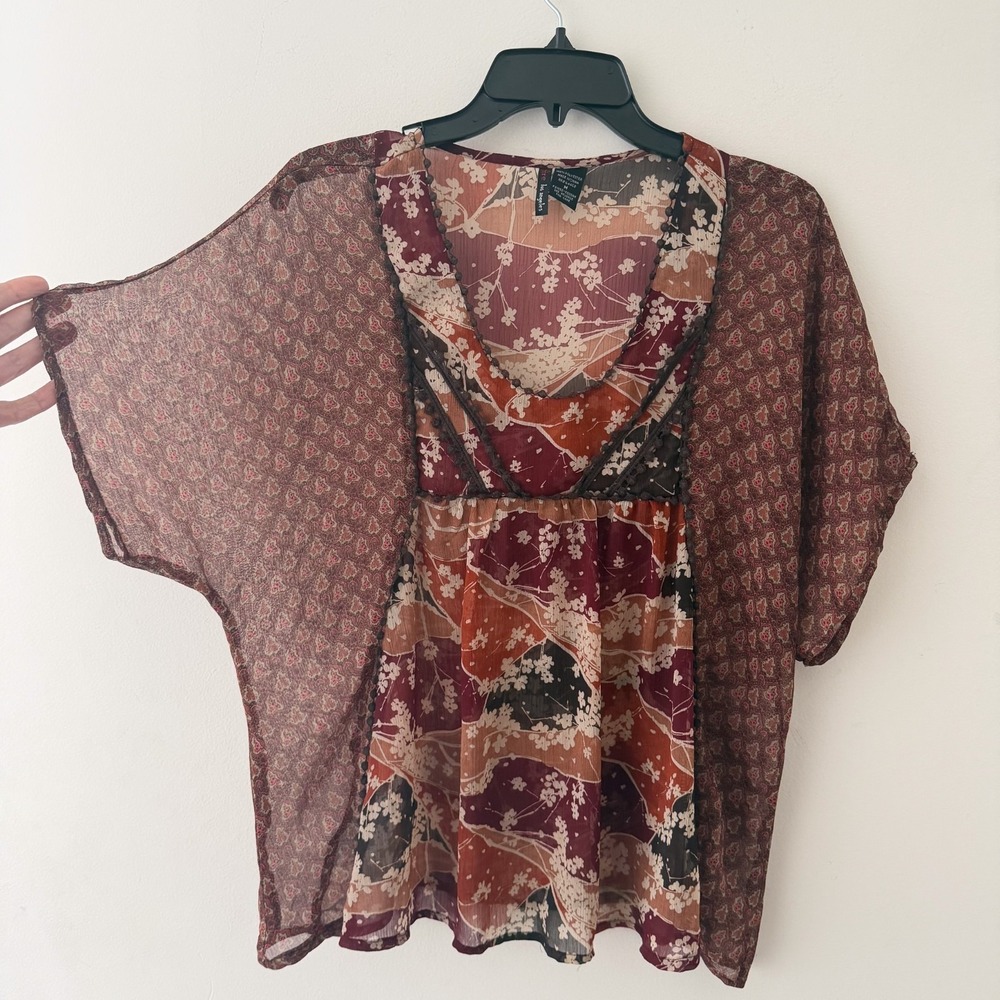 Y2K Sheer Patchwork Top Womens M Boho Fairy Grunge Layering Mixed‎ Print Boxy - Picture 3 of 7